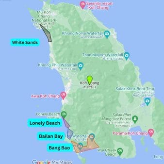 A map of the main areas to stay in Koh Chang